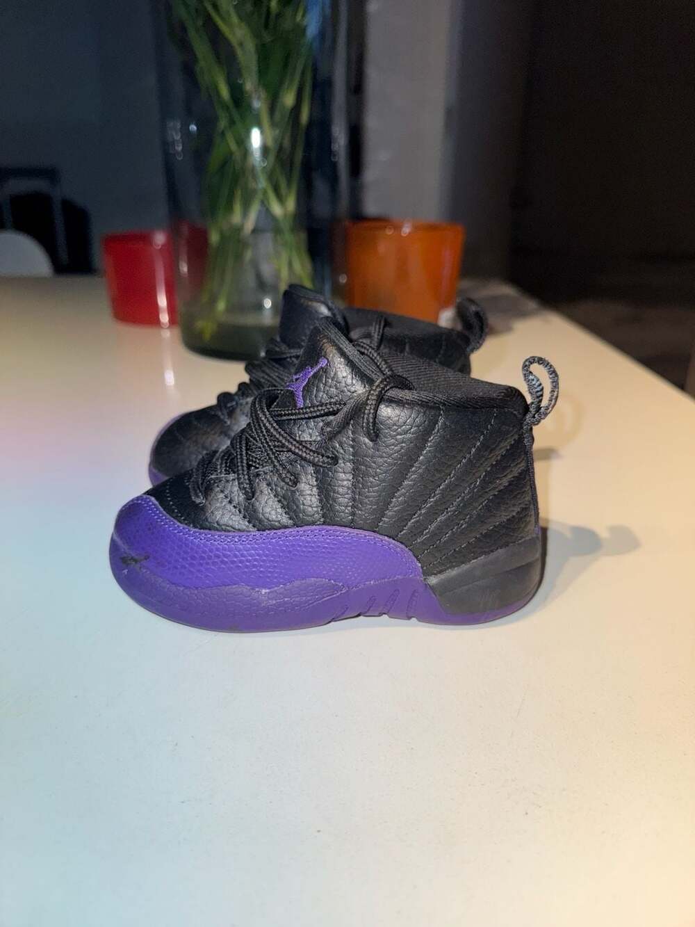 Jordan 12 Retro TD Size 7C Black Purple Sneakers
